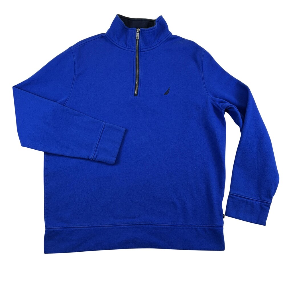 Vtg Nautica Sweatshirt Mens XL Blue Fleece 1/4 Zip Mock Neck Pullover Sail Logo